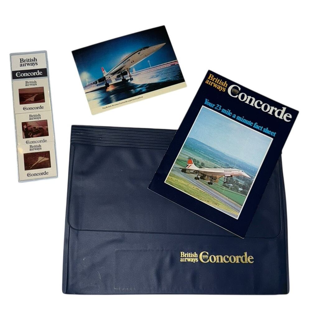 British Airways Concorde Promo Lot Fact Sheet Slides 2 Postcards Folder Brochure